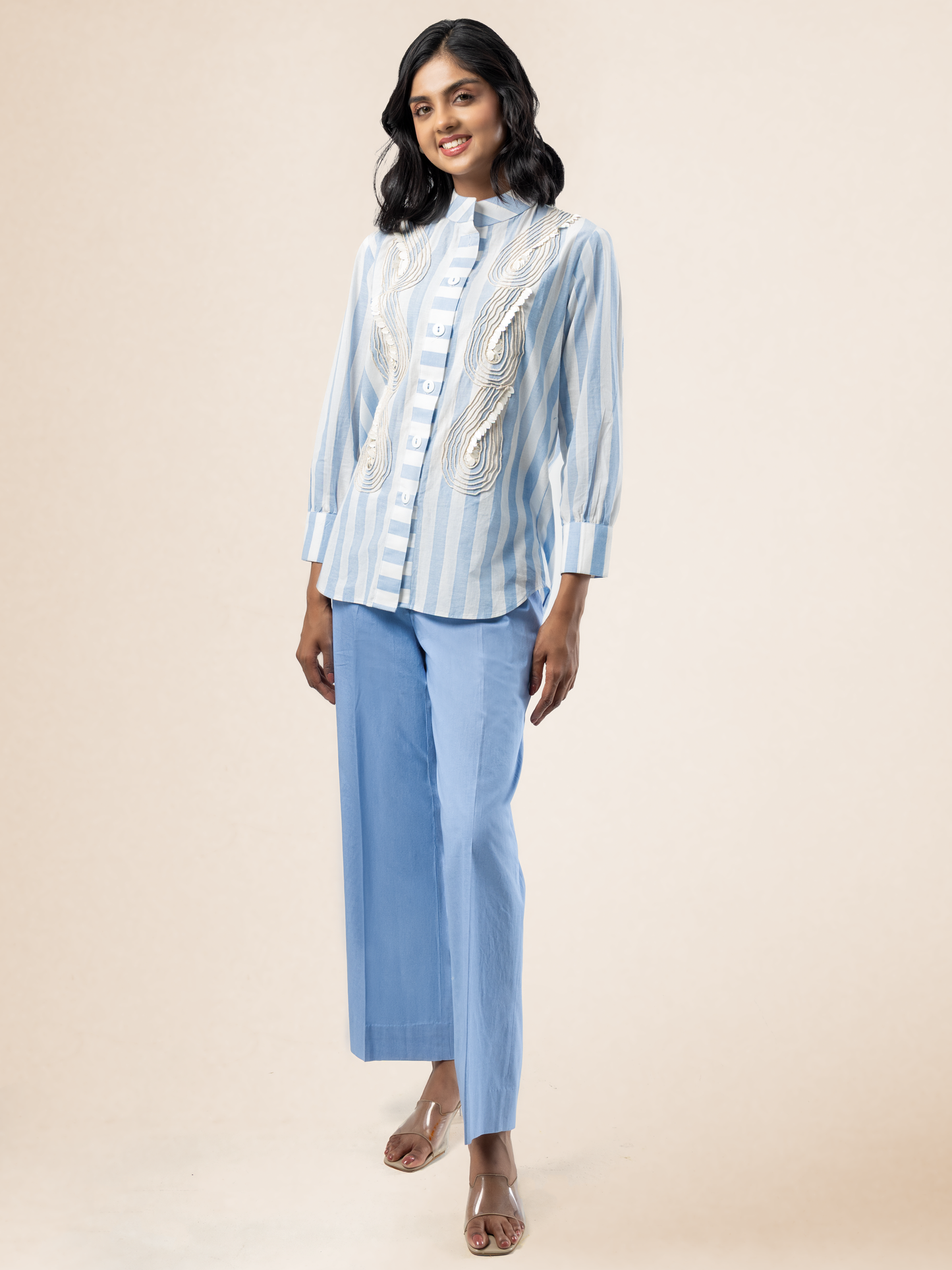 Sky Blue Stripe Long Sleeve 3D Cord Appliqué Coord Set