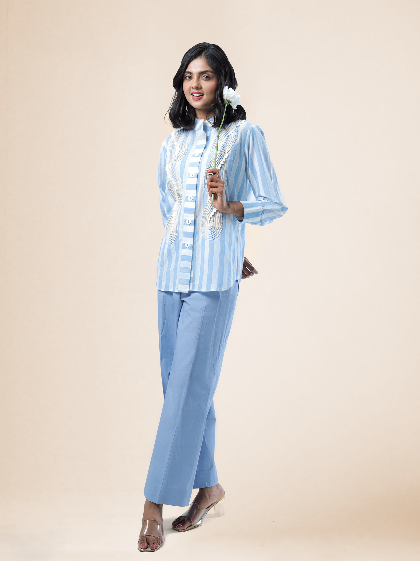 Sky Blue Stripe Long Sleeve 3D Cord Appliqué Coord Set