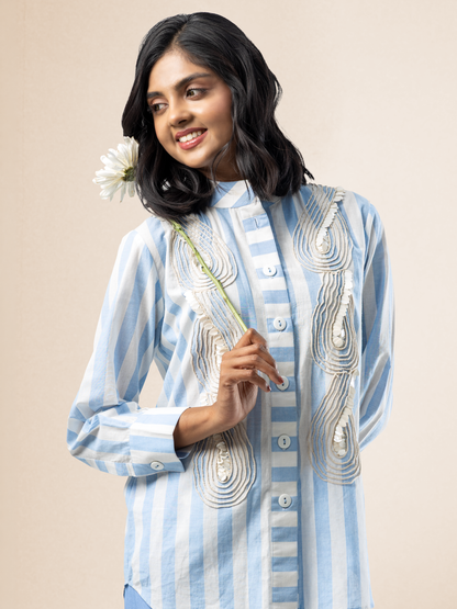 Sky Blue Stripe Long Sleeve 3D Cord Appliqué Coord Set