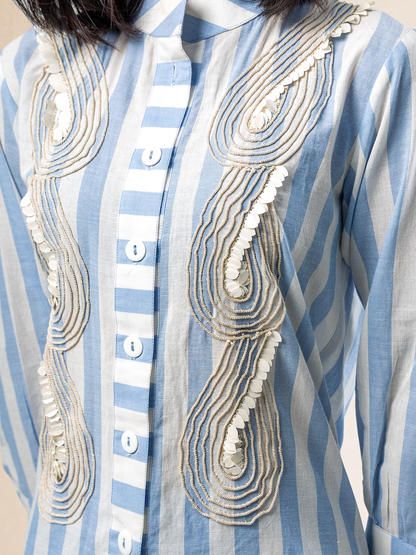 Sky Blue Stripe Long Sleeve 3D Cord Appliqué Coord Set