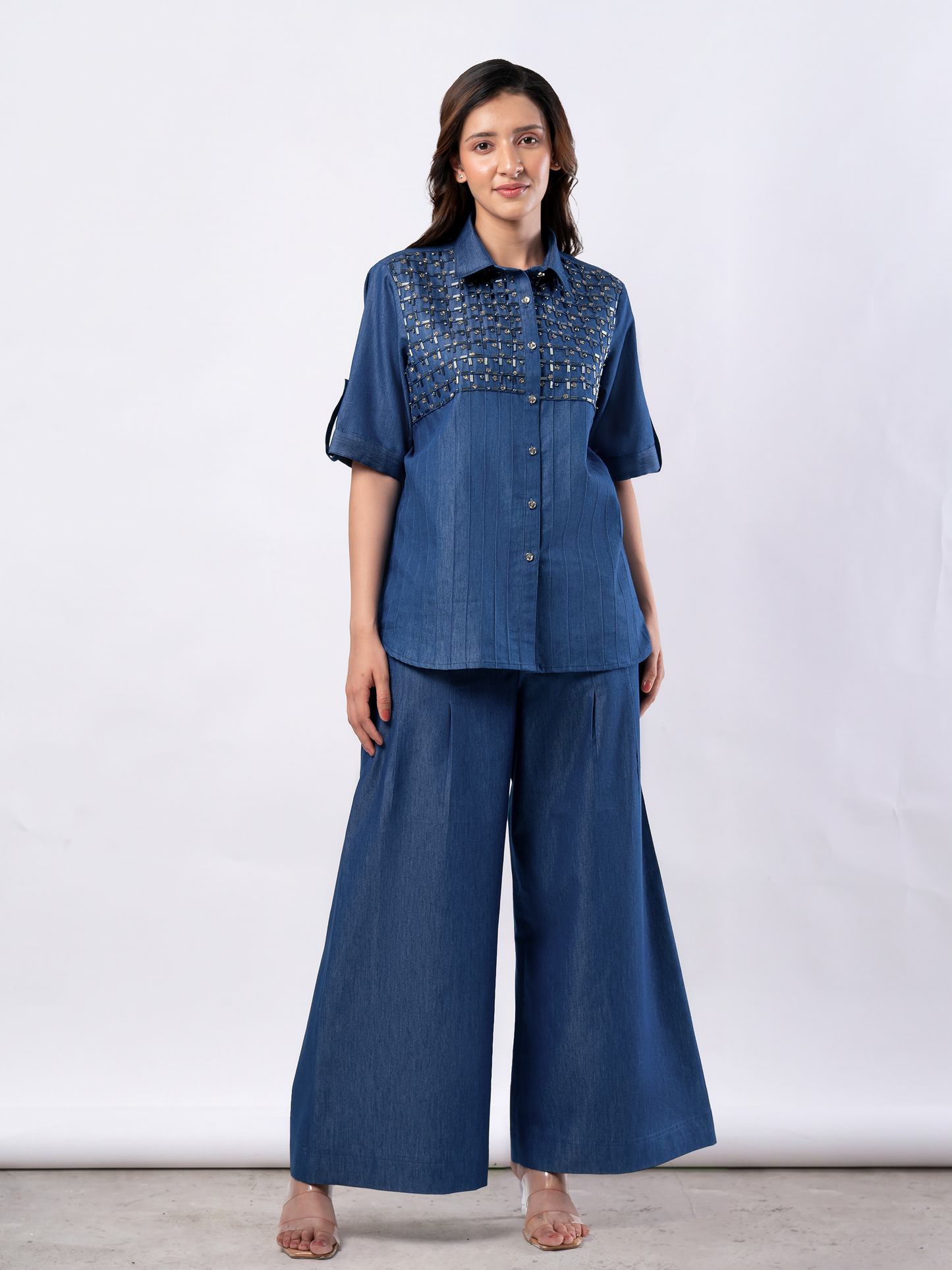 Denim Blue Bugle Bead & Crystal Yoke Embroidered Coord Set