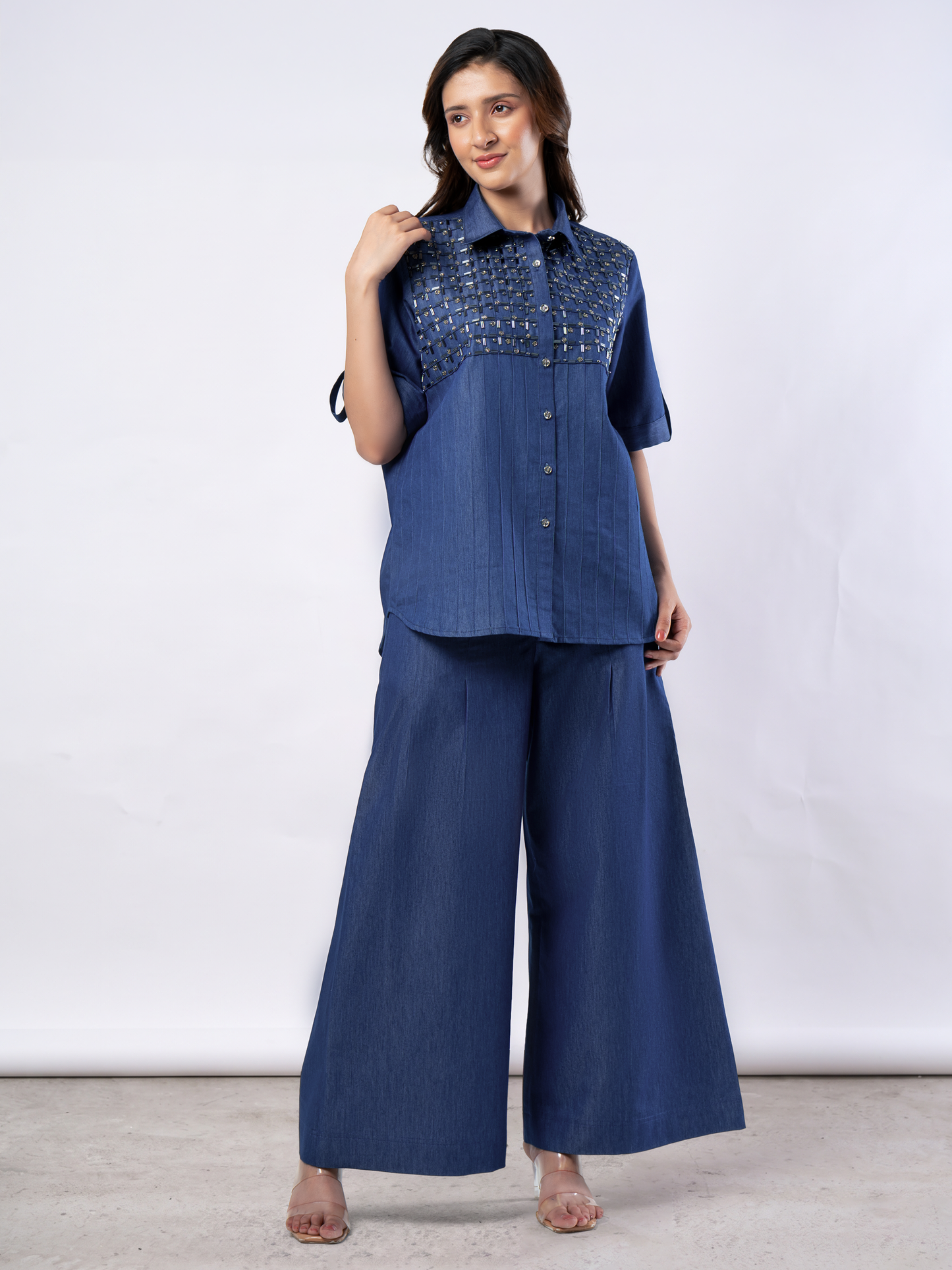 Denim Blue Bugle Bead & Crystal Yoke Embroidered Coord Set