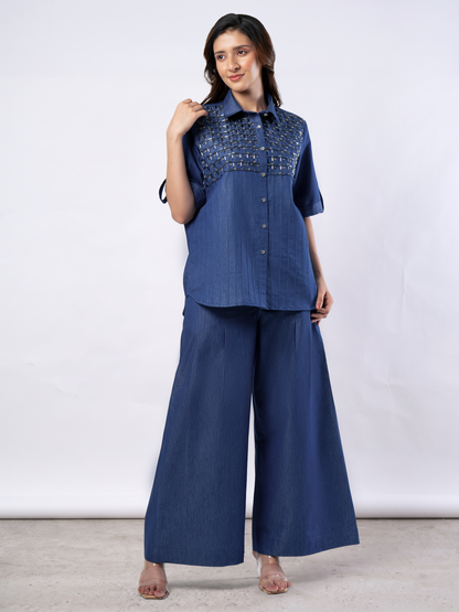 Denim Blue Bugle Bead & Crystal Yoke Embroidered Coord Set