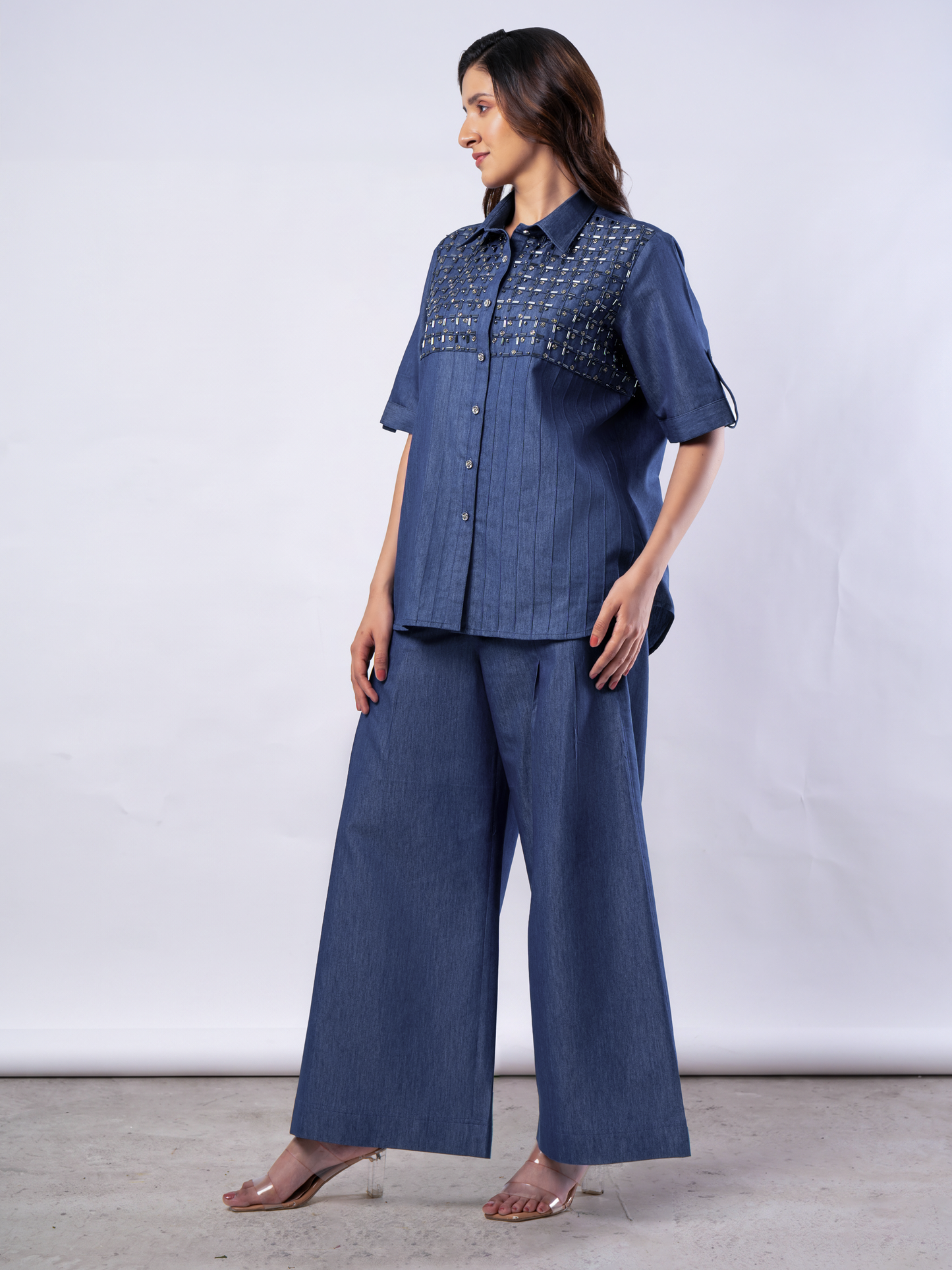 Denim Blue Bugle Bead & Crystal Yoke Embroidered Coord Set