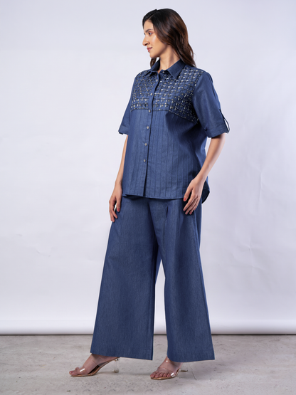 Denim Blue Bugle Bead & Crystal Yoke Embroidered Coord Set