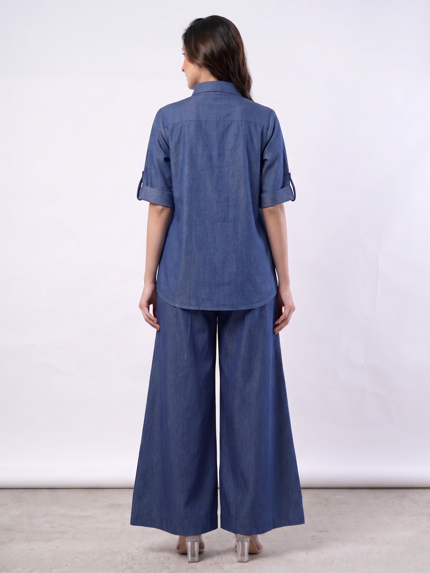Denim Blue Bugle Bead & Crystal Yoke Embroidered Coord Set