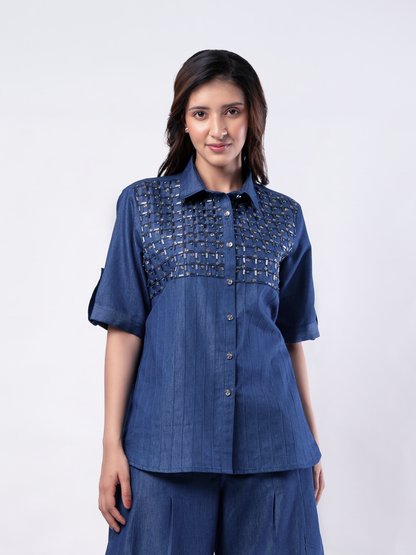 Denim Blue Bugle Bead & Crystal Yoke Embroidered Coord Set
