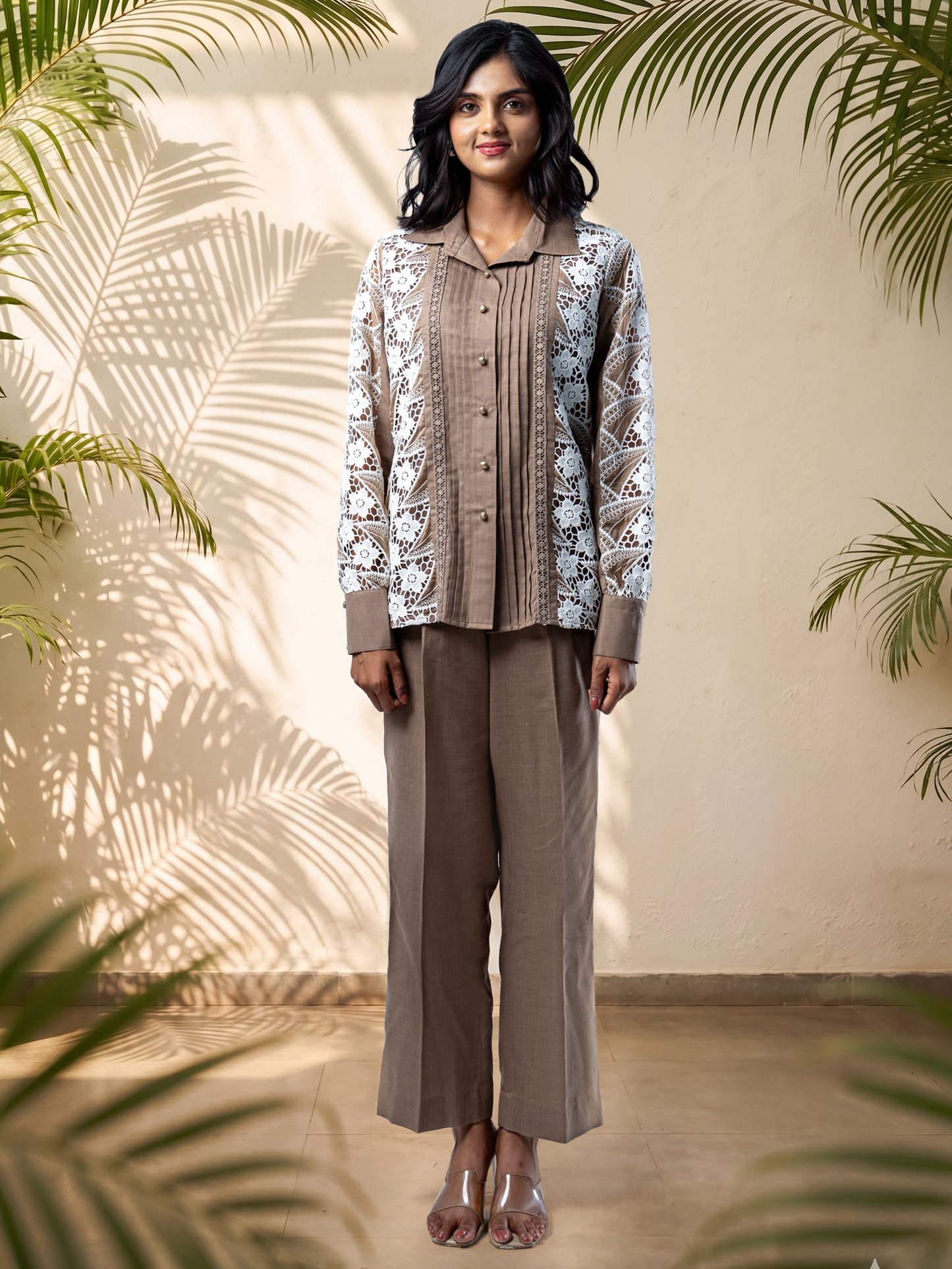 Mocha & White Premium Lace Panel Linen Coord Set