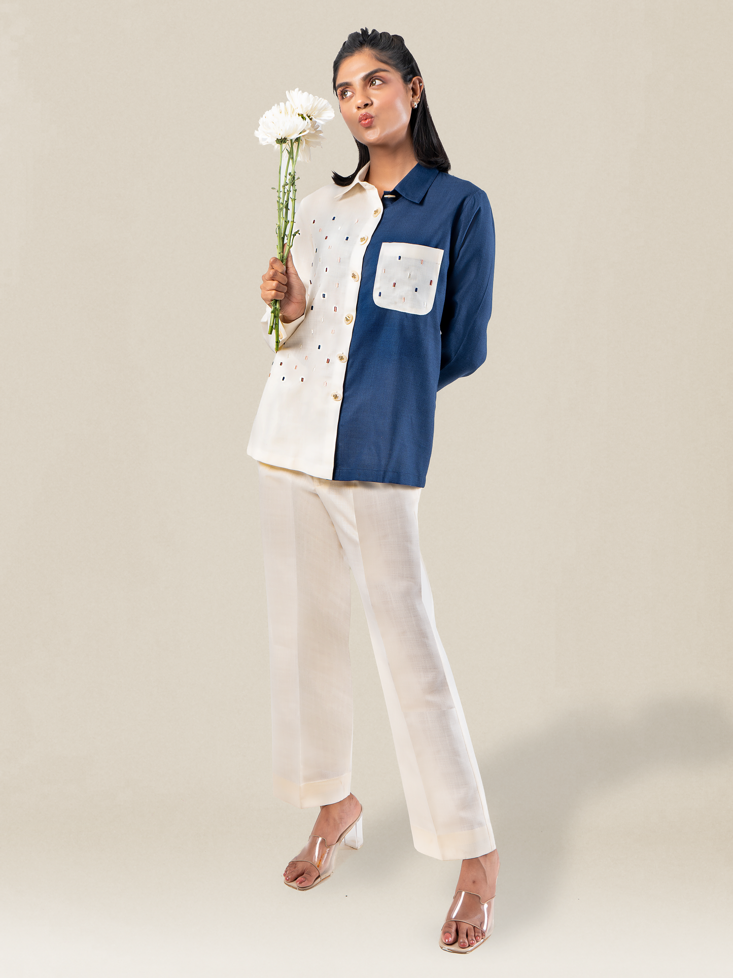 Half & Half Colour Block Embroidered Linen Coord Set
